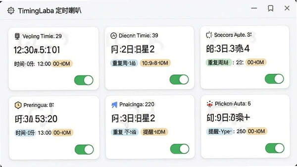 TimingLaba��ʱ���ȵ�����������棬չʾ�����ʱ����Ƭ��ÿ����Ƭ����ʱ�䡢�ظ����ں��������ͱ�ǩ�����������ÿ��أ����沼������