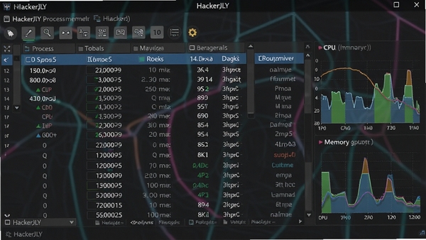 һ��HackerJLY���̹�����������ĸ����ͼ��չʾ��ϸ�Ľ����б���CPU���ڴ�ռ��ͼ������������ť��������רҵ���������������ɱ棬����Ϊ��ɫϵ���������ִ�����Ϣ�ḻ��