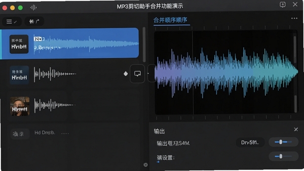 MP3�������ֺϲ�������ʾ���б�����������Ƶ�ļ���ͨ����ק����˳���Ҳ���ʾ�ϲ���Ĳ���Ԥ���������·������������塣
