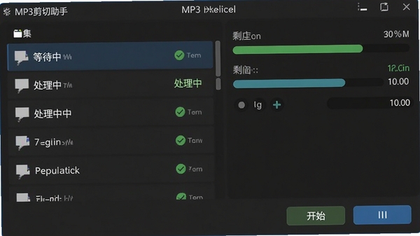 MP3�������������������棬����ļ��б����������Ƶ�ļ���ÿ���ļ�����״̬ͼ�꣨�ȴ��С������С�����ɣ����Ҳ���ʾ��������ʣ��ʱ�䣬�ײ��п�ʼ/��ͣ��ť��