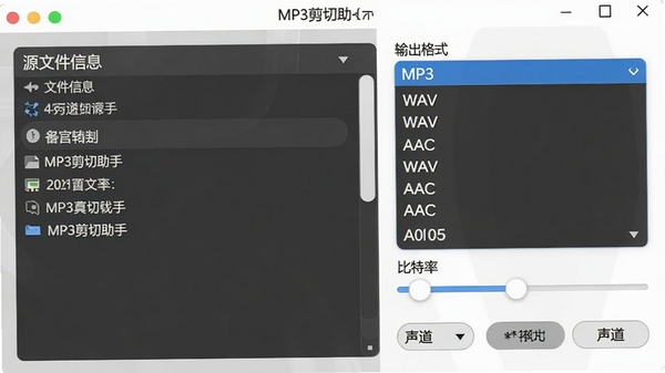 MP3�������ָ�ʽת�����棬���ΪԴ�ļ���Ϣ���Ҳ�Ϊ�����ʽ�����˵�������MP3��WAV��AAC�ȣ����·��Ǳ����ʻ��������ѡ��ť���������ࡣ