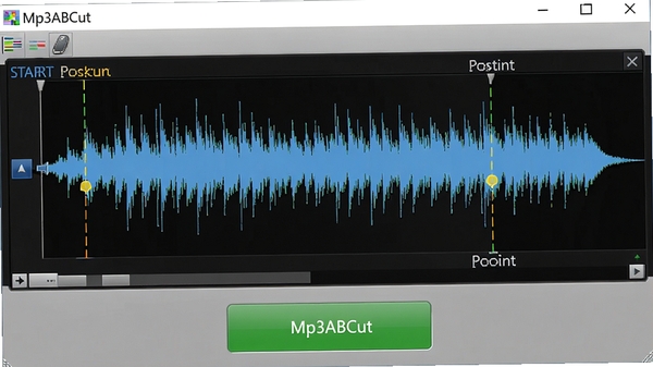 Mp3ABCut��������Ƶ���н��棬��ʾ����ͼ�ϵ������յ��ǣ��Լ����а�ť��ǿ�������ľ�׼�ԡ�