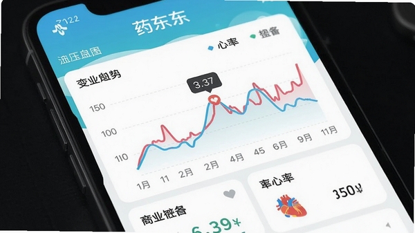 ҩ����APP�Ľ�������ͼ��ҳ�棬չʾѪѹ�����ʵ�����ͼ�仯���ƣ����������£�����չʾֱ������