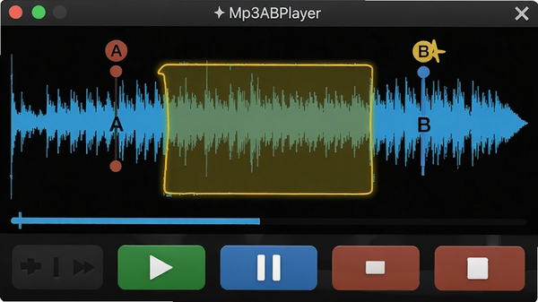 展示Mp3ABPlayer软件AB点设置界面的截图,界面中显示音频波形图,A、B点标记清晰可见,循环区间高亮显示,有播放、暂停、停止按钮,风格简洁,色彩明快,突出复读功能。