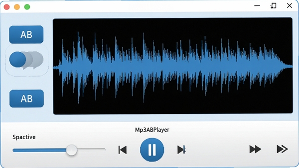 一张展示Mp3ABPlayer软件主界面的截图,界面包含音频波形图、AB点标记按钮、变速滑块、播放控制区,风格简洁现代,色调以蓝白为主,突出复读功能,画面清晰,文字可辨。