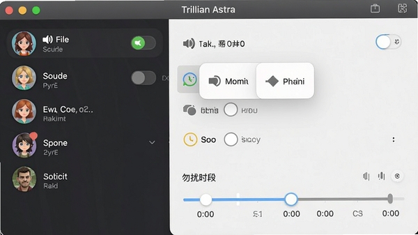 Trillian Astra����Ϣ�������ý����ͼ��չʾ��ͬ��ϵ�˵����ѷ�ʽѡ��˵�������������������������ѡ�����������ʱ�ε�ʱ����ؼ�����������ֱ�ۡ�