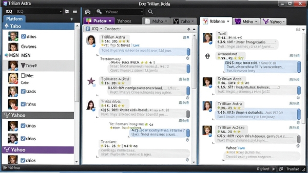 Trillian Astra������ͬʱ��¼ICQ��MSN��Yahoo�ȶ���˻��Ľ����ͼ�������ϵ���б���ƽ̨������ʾ��ͬͷ��ͼ�꣬�Ҳ����촰��ͬʱ�򿪶���Ի���ǩ�����������������