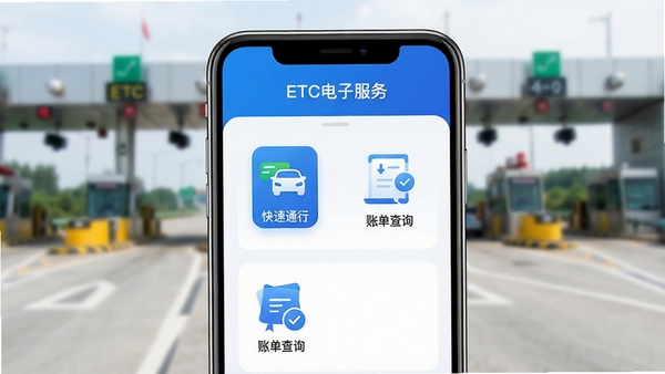 һ�������ֻ���Ļ��ʾ����ETC���ӷ���APP���棬���������ִ���������ģ���ĸ��ٹ�·�շ�վ�������ֻ���Ļ���������ġ�����ͨ�С������˵���ѯ����ͼ�꣬����ɫ������ɫ�Ͱ�ɫΪ������������������