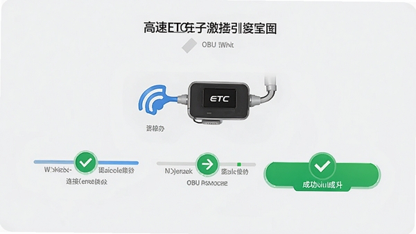 ����ETC���ӷ���APP�����߼�������ҳ�棬�ֻ���������OBU�豸��ʾ��ͼ��������������ʾ�������豸-��ϢУ��-����ɹ���������Ϊ�ɾ���ǳ��ɫ��������ɫ�Թ�ͼ��ͻ���ɹ�״̬��