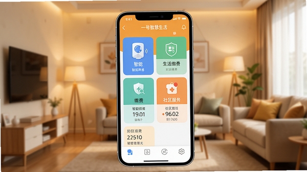 һ��չʾһ���ǻ�����APP���ֻ������е��������ͼ����������ܰ���ִ��Ҿӻ���������������ʾ�����豸���ơ�����ɷѡ���������Ⱥ��Ĺ���ģ�飬����ɫ��������ů��ͻ���������ݵĸо���