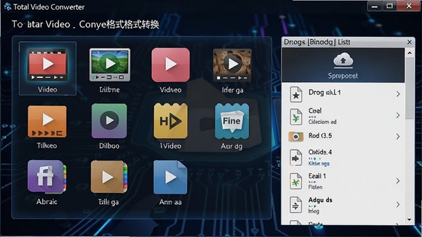 Total Video Converter��ʽת�����棬չʾ������Ƶ��ʽͼ�꣬��ק�ļ���ת���б�������Ϊ��ɫ�Ƽ��з��