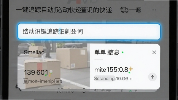 查快递一键追踪自动识别快递公司界面,输入框高亮显示,下方弹出识别结果和运单信息卡片