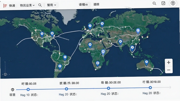查快递一键追踪物流轨迹地图页面,地图上标记多个节点,下方时间轴显示各节点时间与状态