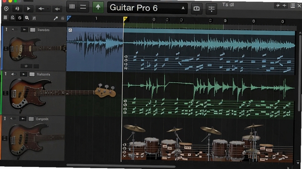 Guitar Pro 6多轨编辑界面,显示吉他、贝斯、鼓三条音轨,波形与六线谱对照,界面清晰,科技感