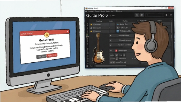 电脑弹出错误提示,旁边是Guitar Pro 6界面,用户正在检查设置,教育风格插图