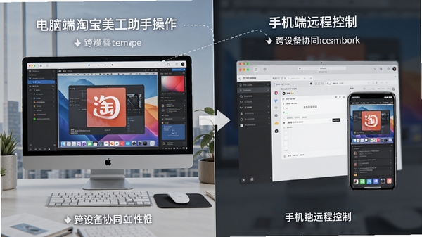 电脑端淘宝美工助手操作界面与手机端远程控制界面对比图,突出跨设备协同工作的便捷性
