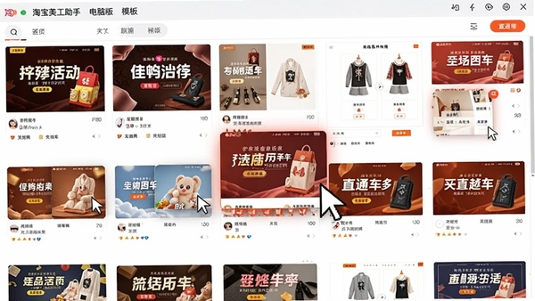 淘宝美工助手电脑版模板库界面截图,展示琳琅满目的电商海报模板缩略图,包括促销活动页、商品详情页、直通车图等,鼠标悬停处有预览放大效果
