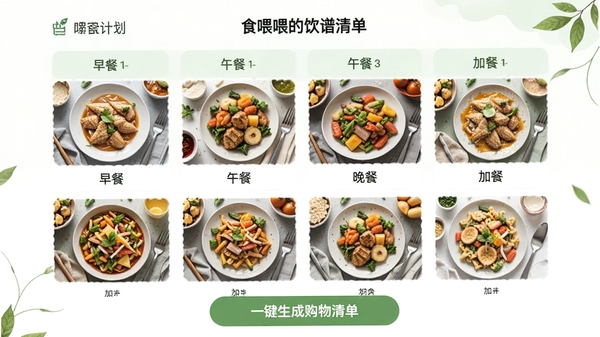 ʳιι����ʳ�ƻ�ҳ�棬չʾһ�ܵ�ʳ�װ��ţ�������͡���͡����ͺͼӲ͵�ͼƬ�����ƣ�������ۣ���񽡿����£��С�һ�����ɹ����嵥���İ�ť