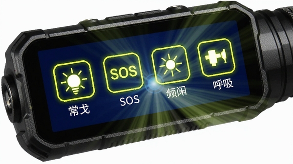 �ֵ�ͲLED���ֵƹ�ģʽ�л����棬��Ļ����ʾ������SOS��Ƶ�����������ĸ�ͼ�꣬ÿ��ͼ���·��ж�Ӧģʽ���ƣ�����Ϊ����ɫ��ͼ���Ի���ɫ������ʾ�����ߴ���Ļ����ɢ�������пƼ��С�