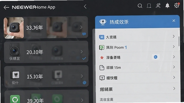 չʾNEEWER Home App�����棬���Ϊ�豸�б����Ҳ�Ϊѡ���豸����ϸ����������壬���沼������������ͼ��ֱ�ۡ�