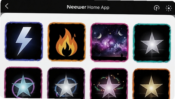 չʾNEEWER Home App��ЧԤ��ѡ����棬�������ֶ�̬�;�̬��Чͼ�꣬�����硢���桢�ǿյȣ�����ɫ��Ѥ����