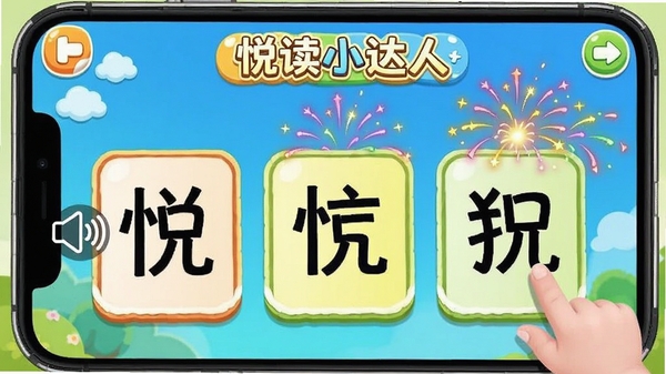 �ö�С����APPȤζʶ�ִ�����Ϸ���棬��Ļ���м������ֿ�Ƭ��������Ҫ����������ʾѡ����ȷ�ĺ��֣���Ժ����̻���ףЧ�����������ɫ�����졣