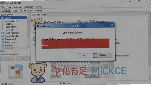 Super Video Splitter错误提示界面,显示“内存不足”对话框,背景为任务管理器,突出优化建议,教育风格