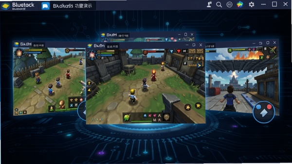 Bluestacks�����࿪���湦����ʾ����Ļ��ͬʱ���ж����׿��Ϸ���ڣ�ÿ��������ʾ��ͬ��Ϸ���棬����Ϊ��ɫ�Ƽ��н��棬ͻ���������д�����Ч�����ơ�