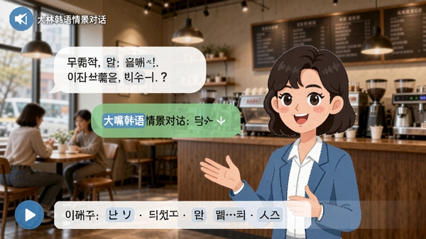 ���캫���龰�Ի����棬�û���AI��ɫ�ڿ��ȵ곡���жԻ���������ʾ�Ի����ݺ���ʾ�ʻ�