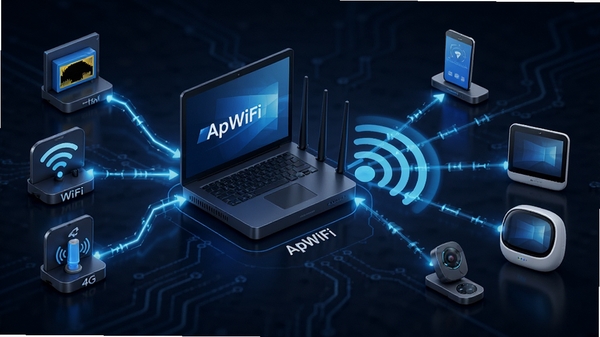 ����·������ApWiFi��ģʽ����ʾ��ͼ��չʾ��ͬ����Դ����̫����WiFi��4G����۵����ԣ���ͨ��ApWiFi�����WiFi�źţ����Ӷ�������豸�����Ƽ���ʮ��