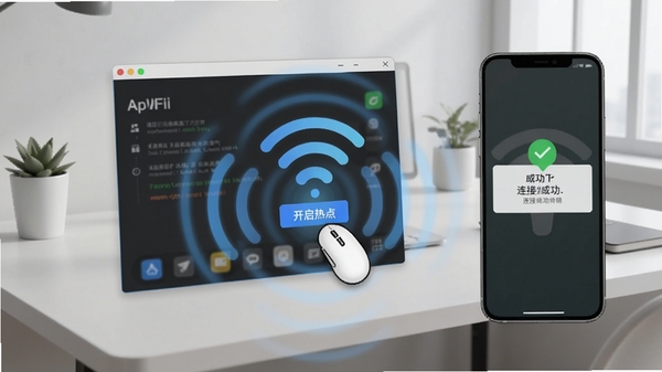 ApWiFi�������棬������������ȵ㡱��ť��˲�䣬��Ļ��Χ����WiFi�źŲ�����Ч���Ա��ֻ���ʾ���ӳɹ���ʾ������Ϊ�ִ���Լ����