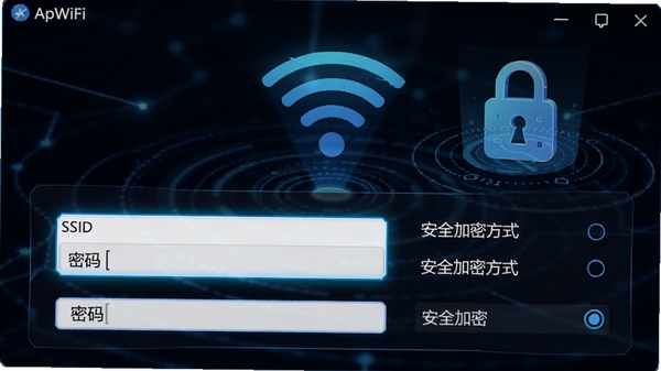 ApWiFi�����Զ������ý��棬������ʾSSID������������Ա��а�ȫ���ܷ�ʽѡ������������ź�ͼ���������ͼ�꣬��ƿƼ���ʮ��