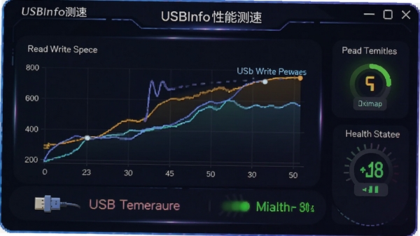 USBInfo���ܲ��ٽ��棬��ʾ��д�ٶ�����ͼ������USB�豸�¶��뽡��״ָ̬ʾ�ƣ����涯���ſᣬͻ��ʵʱ��ع��ܡ�