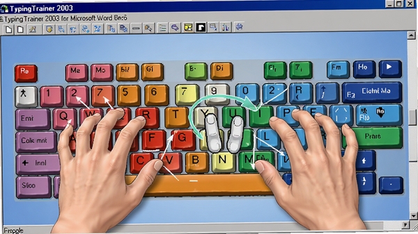 Office Power! TypingTrainer 2003 for Microsoft Wordָ����ϰ���棬��ɫ����ͼ��ʾ�����ַֹ�������������ָ������ʾ��ȷ�������ƣ�����Ϊ��͵���ɫ����