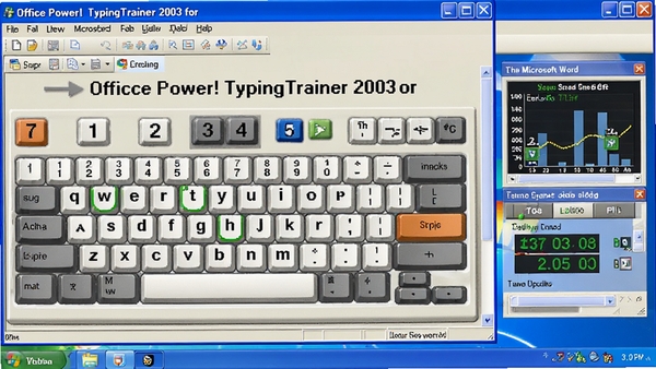 һ����ΪOffice Power! TypingTrainer 2003 for Microsoft Word�Ĵ���ѵ�����������ͼ������ΪWindows XP�����������ʾ����ָ����ϰ�����ʵʱ�ٶ�ͳ��ͼ����ɫ����������