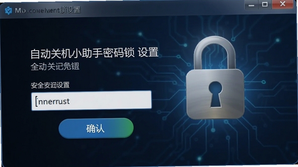 自动关机小助手密码锁设置界面,输入框和确认按钮,背景有锁形图标,强调安全性