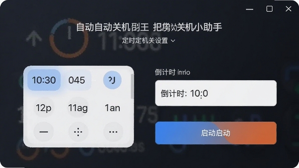 自动关机小助手定时关机设置界面,显示时间选择器、倒计时输入框和启动按钮,整体风格现代简约