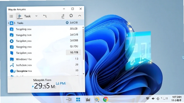 自动关机小助手运行在Windows 11系统上的截图,显示任务列表和剩余时间,背景为桌面壁纸