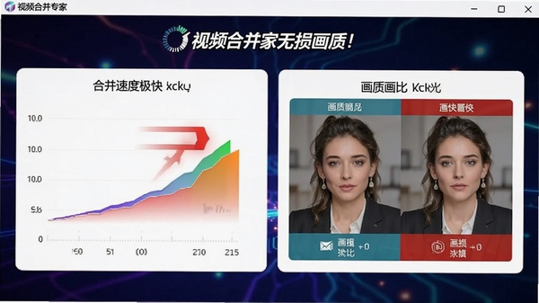 视频合并专家软件界面,突出显示合并速度极快、无损画质的特性,用速度对比图表和画质对比图展示,色彩鲜明,科技感强