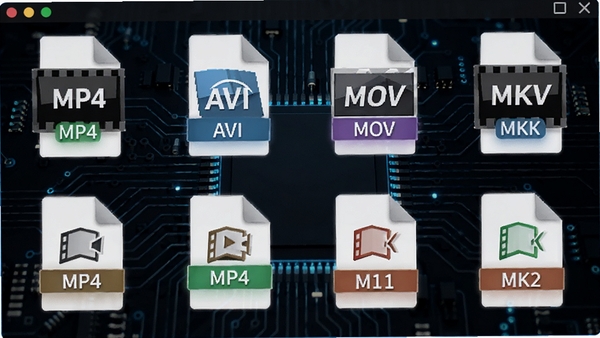 视频合并专家格式支持界面,展示常见视频格式图标,如MP4、AVI、MOV、MKV等,排列整齐,背景为深色电路板纹理,突出科技感