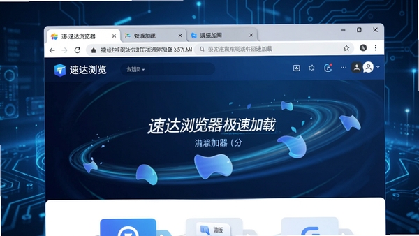 速达浏览器极速加载网页的界面截图,背景为科技感蓝色调,浏览器窗口展示多个标签页和流畅动画效果