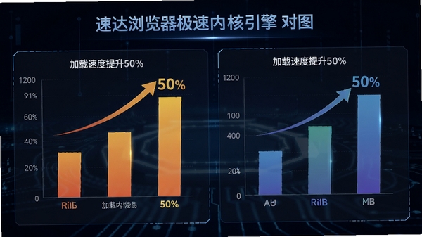 速达浏览器极速内核引擎对比图表,展示加载速度提升50%的数据可视化,背景为深色科技风