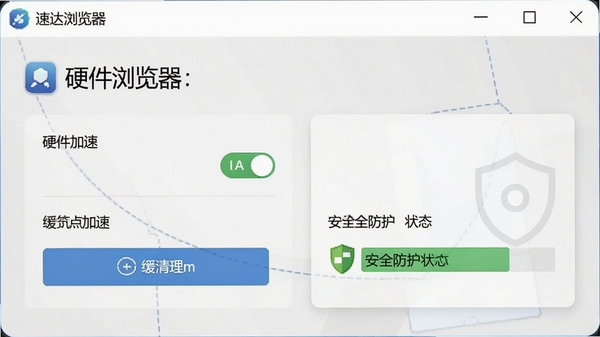 速达浏览器设置界面,展示硬件加速开关、缓存清理按钮和安全防护状态,背景为浅灰色调