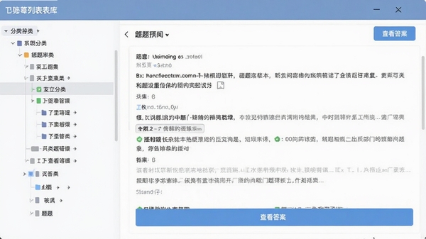题库列表界面,左侧分类树,右侧题目预览与“查看答案”按钮