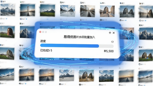 易得优图片水印批量加入机正在批量处理图片的进度条界面,显示已完成数量与总数量,背景为动态蓝色进度动画,周围有图片缩略图快速闪过,体现极速处理能力