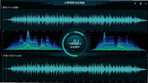 中文录音编辑处理器智能降噪功能对比界面,上方为带有噪音波形的原始录音,下方为处理后的干净波形,背景有频谱图动态效果,界面中央显示AI降噪算法处理中动画,整体风格科技感十足,色彩以蓝绿色调为主,16:9高清渲染
