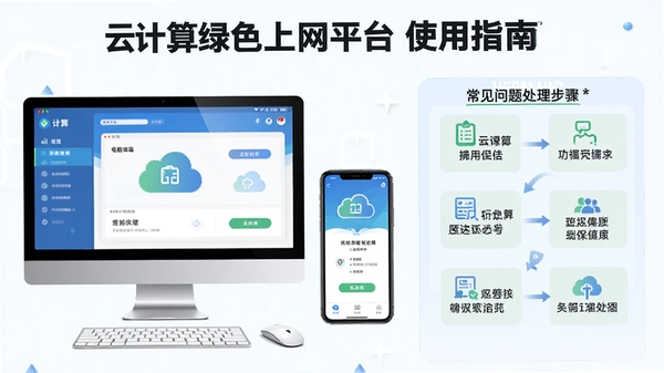 云计算绿色上网平台使用指南示意图,展示电脑端和移动端操作界面,以及常见问题处理步骤,风格清晰直观