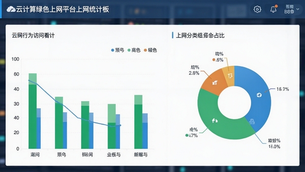 云计算绿色上网平台上网行为统计看板,包含柱状图、饼图展示分类访问占比,界面清晰易读