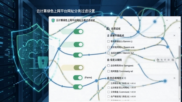云计算绿色上网平台网址分类过滤设置界面,展示不同类别开关和自定义规则列表,背景为网络安全防护元素