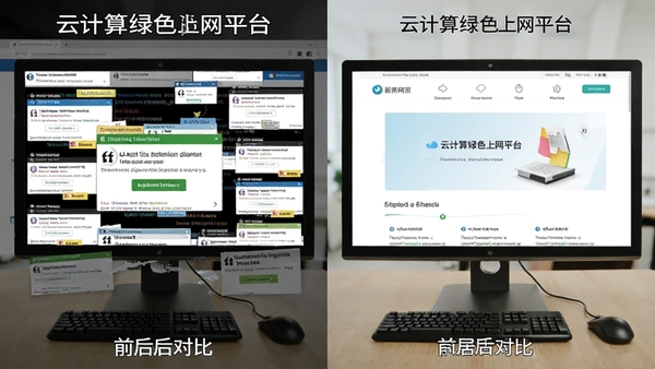 云计算绿色上网平台过滤网页广告前后的对比图,左侧为广告弹窗密集的杂乱网页,右侧为过滤后干净清爽的页面,形成鲜明对比,画面清晰